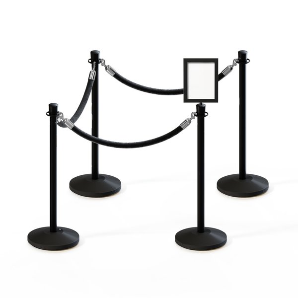 Montour Line Stanchion Post and Rope Kit Black, 4CrownTop 3Blk Rope 8.5x11V Sign C-Kit-3-BK-CN-1-Tapped-1-8511-V-3-ER-BK-PS